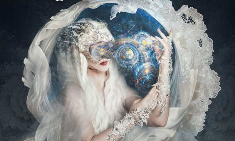 The album cover for Beyond by Moonlight Haze features a figure dressed in ornate white lace and flowing fabric, with long white hair and a futuristic mask or visor displaying celestial patterns. Encircled by a soft, translucent veil.
