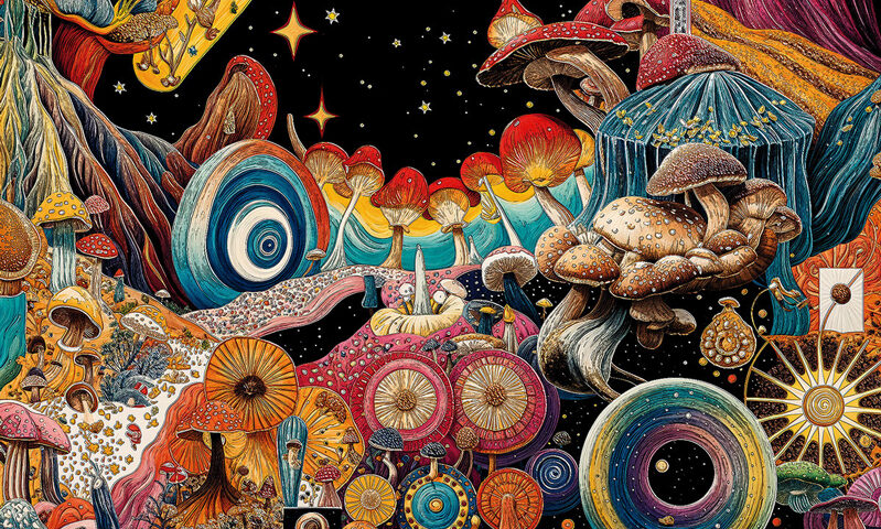 A swirling cosmic landscape bursts with fantastical mushrooms in every shape and color. Vibrant reds, blues, and golds frame a star-filled sky at the center, while circular portals and organic patterns create a psychedelic scene. The title Fungal Future floats near the top.