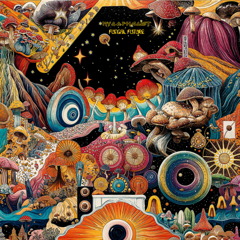 A swirling cosmic landscape bursts with fantastical mushrooms in every shape and color. Vibrant reds, blues, and golds frame a star-filled sky at the center, while circular portals and organic patterns create a psychedelic scene. The title Fungal Future floats near the top.