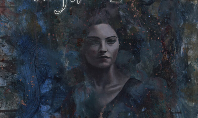 The album cover for The Memory of After by Myth of Logic features a portrait of a woman emerging from a painterly background of deep blues, blacks, and muted browns. The band’s name appears in white lettering at the top, while the album title is written in cursive near the bottom.