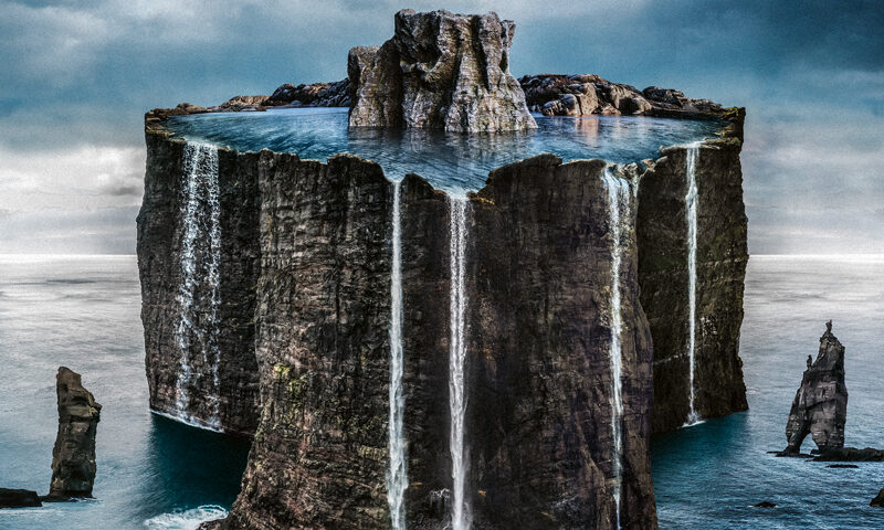 Neal Morse & The Resonance - No Hill For A Climber cover artwork. A tall island with waterfalls.