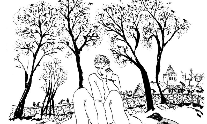 The album cover for Remnants of Light by Needlepoint features a black-and-white hand-drawn illustration with a folk-art aesthetic. A barefoot figure, dressed in loose clothing, sits on the ground surrounded by scattered leaves, resting their head on one hand in a contemplative pose. Around them, several crows gather, seemingly engaged in an interaction with the leaves. Behind them, bare trees, a stone wall, and a distant village. Above, a vast flock of birds forms a flowing pattern in the sky.