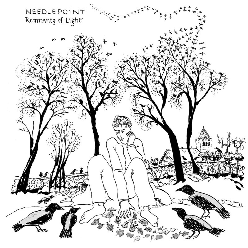 The album cover for Remnants of Light by Needlepoint features a black-and-white hand-drawn illustration with a folk-art aesthetic. A barefoot figure, dressed in loose clothing, sits on the ground surrounded by scattered leaves, resting their head on one hand in a contemplative pose. Around them, several crows gather, seemingly engaged in an interaction with the leaves. Behind them, bare trees, a stone wall, and a distant village. Above, a vast flock of birds forms a flowing pattern in the sky.