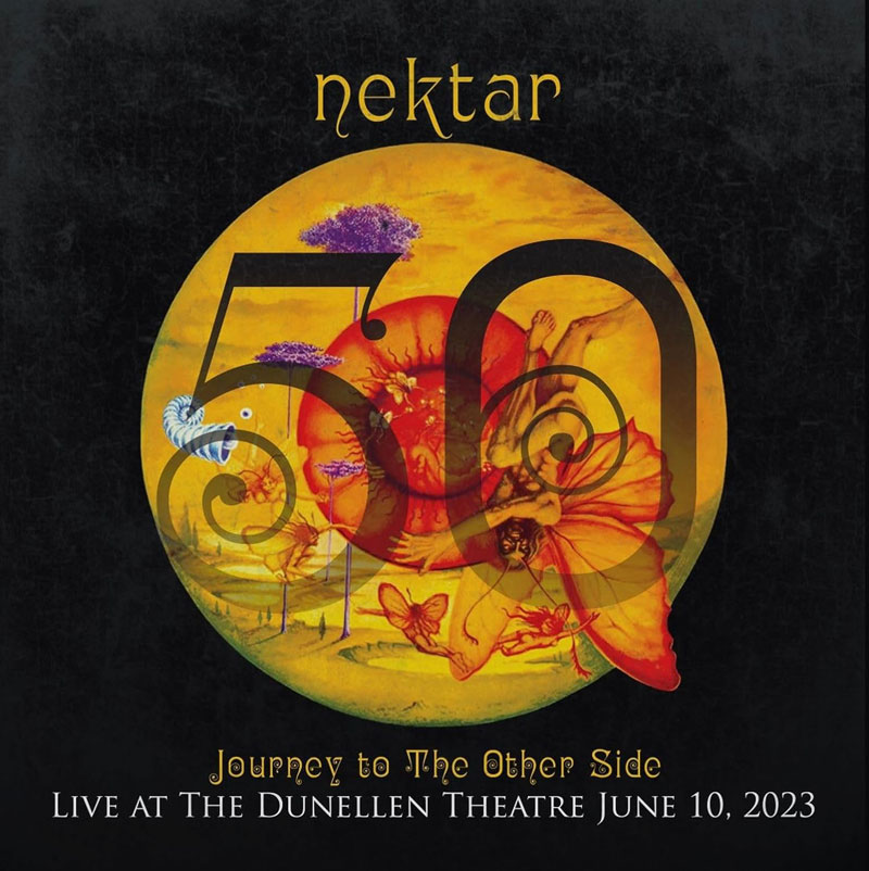 Nektar - Journey To The Other Side - Live At The Dunellen Theatre June 10, 2023 cover artwork. An illustration with a yellow circle in the middle featuring flying winged men.