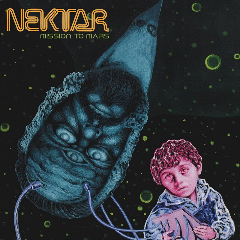 Nektar - Mission to Mars cover artwork. A psychedelic design. an illustration of a purple young man or boy holding a pad with cables connected to an upside down head of a blue bearded man floating in space.