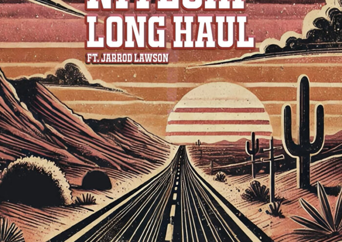 The album cover for Nitecap – "Long Haul" (feat. Jarrod Lawson) features a vintage, Western-inspired desert landscape. A long, open road stretches into the horizon, flanked by cacti and rugged rock formations. The sky is painted in warm hues of orange, pink, and brown, with a stylized sun setting behind distant mountains. Bold, Western-style typography presents the artist and track title in white with a red outline. The artwork has a textured, hand-drawn quality.