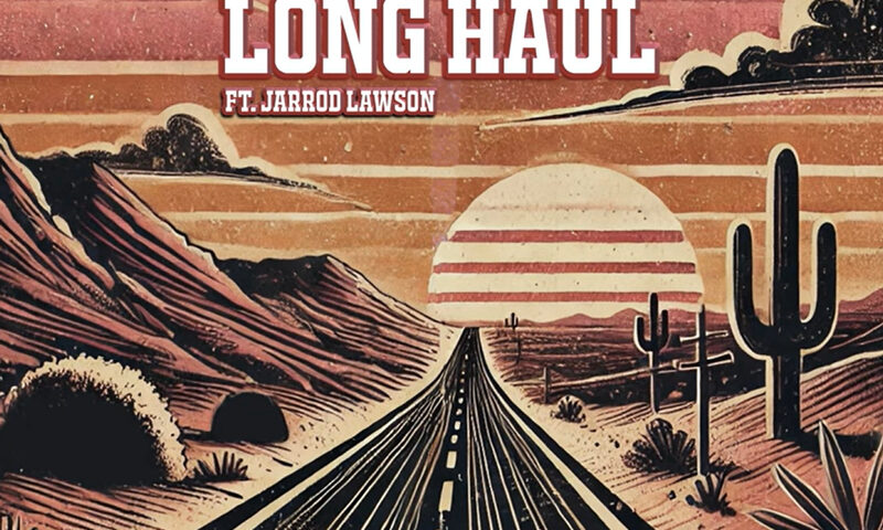 The album cover for Nitecap – "Long Haul" (feat. Jarrod Lawson) features a vintage, Western-inspired desert landscape. A long, open road stretches into the horizon, flanked by cacti and rugged rock formations. The sky is painted in warm hues of orange, pink, and brown, with a stylized sun setting behind distant mountains. Bold, Western-style typography presents the artist and track title in white with a red outline. The artwork has a textured, hand-drawn quality.