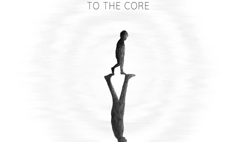 The album cover for NoSound – To the Core features a white background with a central mirrored image: a textured, dark figure walks upright, while its inverted reflection descends below, forming a stark vertical symmetry. Above, the band name and title appear in uppercase serif and sans-serif fonts.
