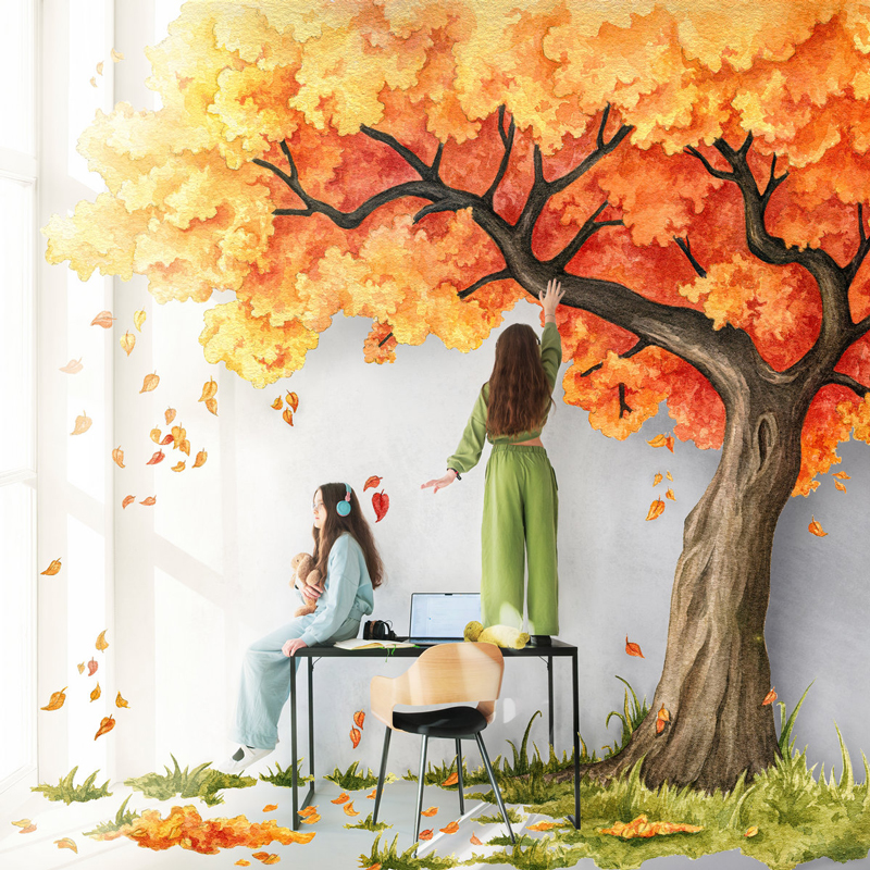 The album cover shows two women in a bright room interacting with a large, vividly painted autumn tree that appears to grow from the wall and floor. One stands on a desk reaching toward the orange and gold leaves, while the other sits holding a teddy bear.