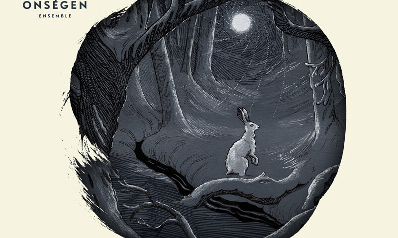 Onségen Ensemble – A Tale cover artwork. The album cover features a monochrome illustration of a white hare perched on a twisted tree branch in a moonlit forest. Encircled by dark, arching branches.