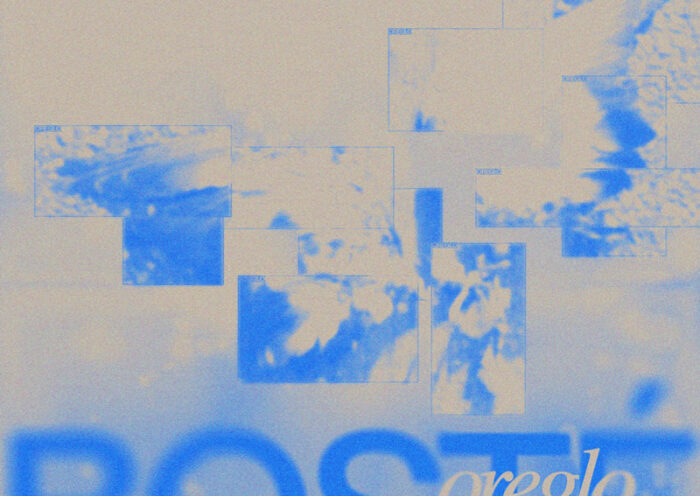 The cover for Oreglo’s single Bosté features a design in soft blue and beige tones. Blurred rectangular shapes resembling overlapping windows or screens create a layered effect across the image. The title Bosté appears in large, out-of-focus blue letters at the bottom, with “oreglo” written in smaller, white script overlaying it.