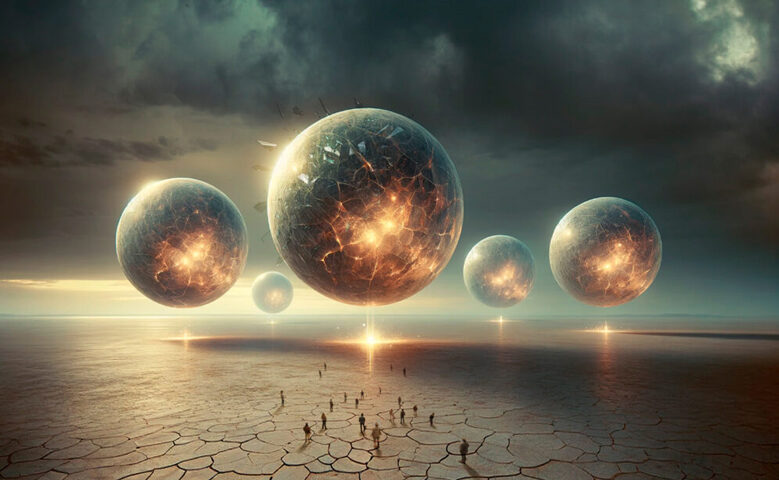 Orion – "Lightbringers" cover artwork. Metallic spheres levitating.