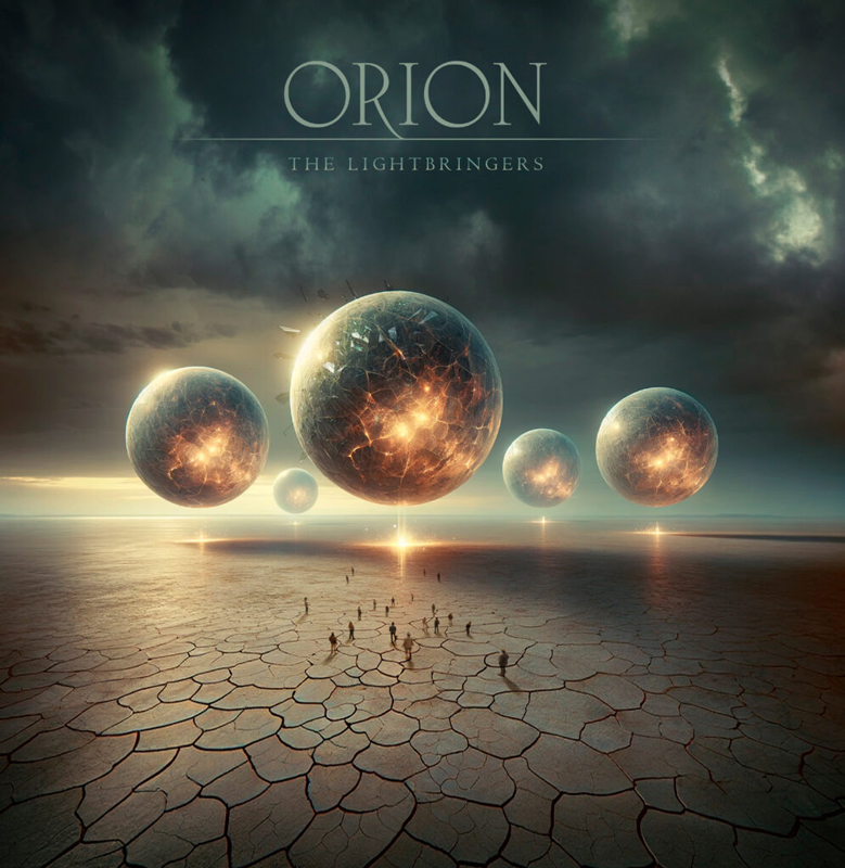 Orion – "Lightbringers" cover artwork. Metallic spheres levitating.