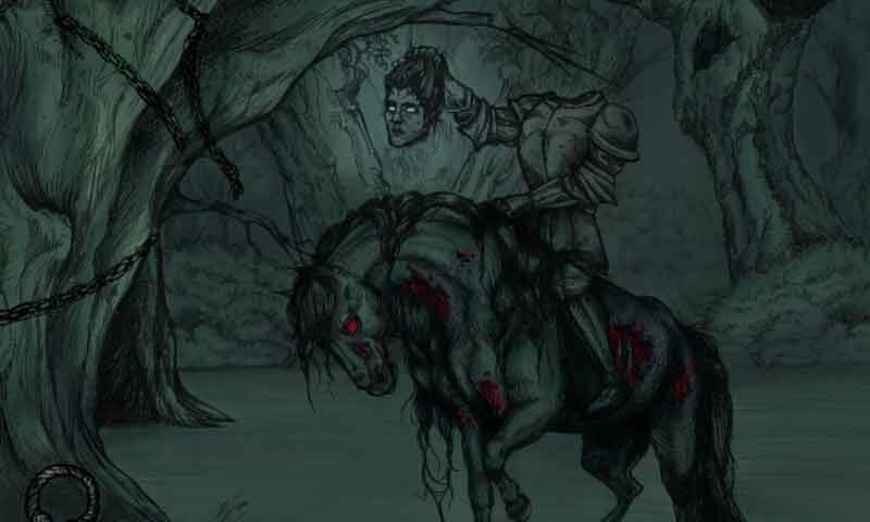 The cover of Legends by Orkhys depicts a dark, eerie forest scene where a headless armored rider carries his own severed head while mounted on a wounded, red-eyed horse. Gnarled, chain-draped trees frame the design.