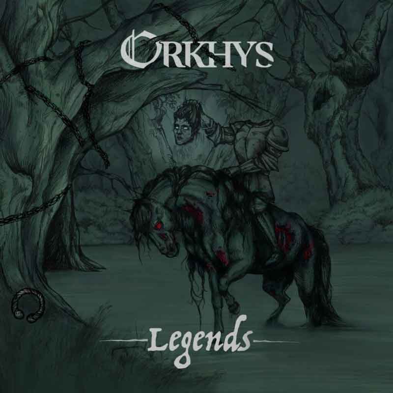 The cover of Legends by Orkhys depicts a dark, eerie forest scene where a headless armored rider carries his own severed head while mounted on a wounded, red-eyed horse. Gnarled, chain-draped trees frame the design.