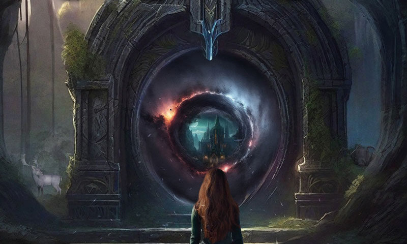 The album cover for A Faraway World by Orpharion depicts a young woman in a green dress standing before an ancient stone portal, which reveals a swirling vortex leading to a distant, glowing castle. The scene is set within a dark, enchanted forest, with soft light filtering through the trees. A white stag appears on the left. The band's name is rendered in ornate, metallic lettering with a lyre motif, while the album title is scripted at the bottom.