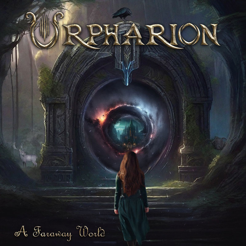 The album cover for A Faraway World by Orpharion depicts a young woman in a green dress standing before an ancient stone portal, which reveals a swirling vortex leading to a distant, glowing castle. The scene is set within a dark, enchanted forest, with soft light filtering through the trees. A white stag appears on the left. The band's name is rendered in ornate, metallic lettering with a lyre motif, while the album title is scripted at the bottom.