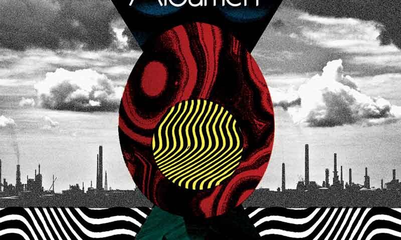The cover for The Black Albumen by Overegginnit features a collage: black-and-white industrial skyline beneath dramatic clouds, overlaid with vivid geometric shapes and hypnotic stripes. A central red-and-black circular form with a yellow wavy core draws the eye, framed by teal and black patterns.