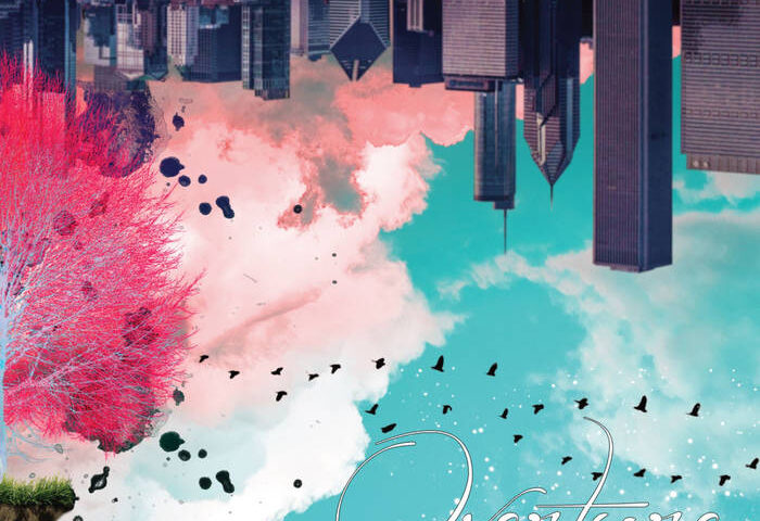 The album cover for A Mezz’Aria Sul Tempo by Overture features an upside-down skyline floating above turquoise clouds, while a pink tree stands on a small patch of land below. Black birds scatter across the sky. The title appears in white script near the bottom right.