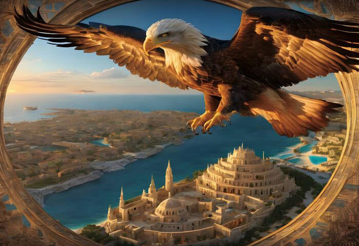 Overworld Dreams — Geography cover artwork. A fantasy design with a bald eagle flying over an imaginary city below.