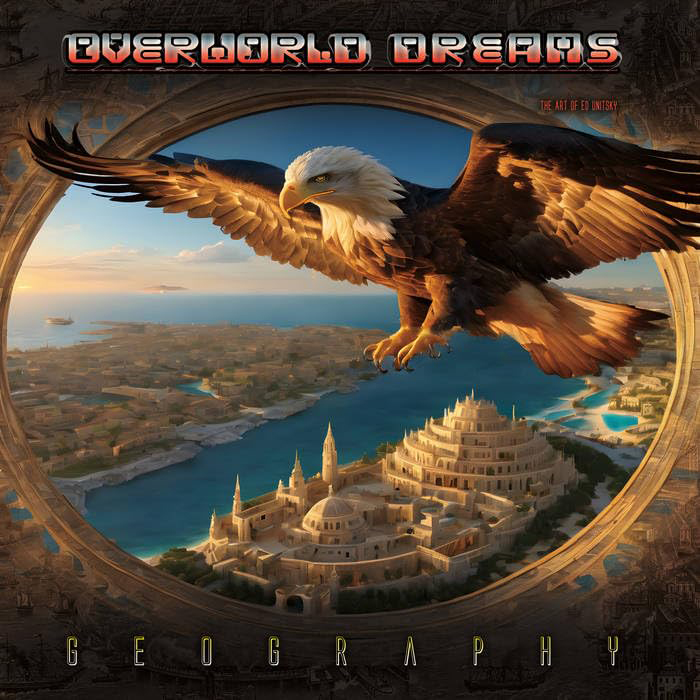 Overworld Dreams — Geography cover artwork. A fantasy design with a bald eagle flying over an imaginary city below.