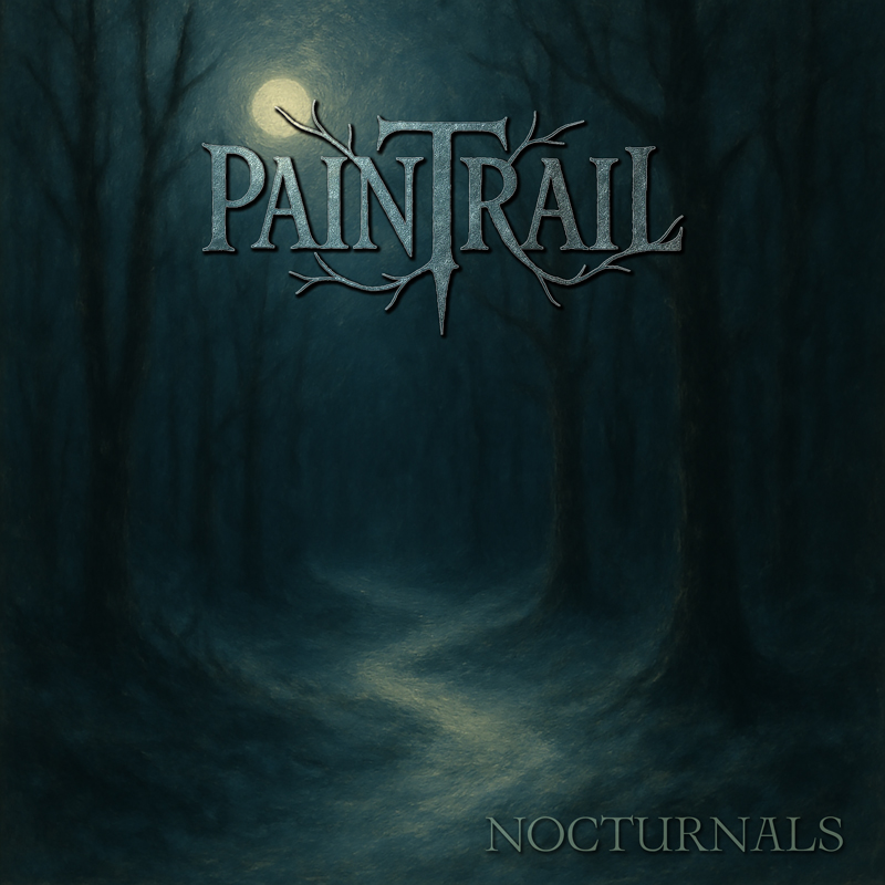 A shadowed forest scene beneath a mist-veiled moon, rendered in deep blue and green tones. Bare trees stand on a winding path that fades into darknes. The band name appears in branch-like lettering at the top, while the album title Nocturnals rests below.