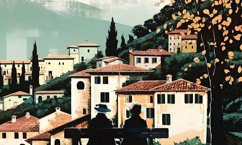 The cover depicts a hillside village with terracotta-roofed houses under a pale green sky and distant mountains. In the foreground, two figures sit on a bench beneath a tree with golden leaves.