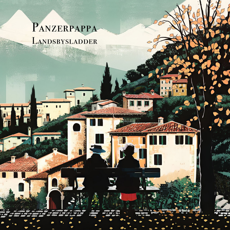 The cover depicts a hillside village with terracotta-roofed houses under a pale green sky and distant mountains. In the foreground, two figures sit on a bench beneath a tree with golden leaves.
