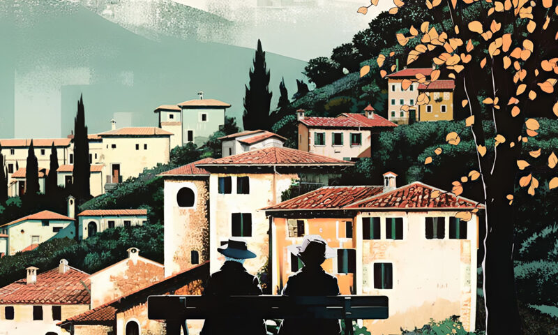 The Landsbysladder album cover features an illustrated hillside village with terracotta rooftops, cypress trees, and distant snow-capped mountains. In the foreground, two figures sit on a bench under a tree with falling autumn leaves.