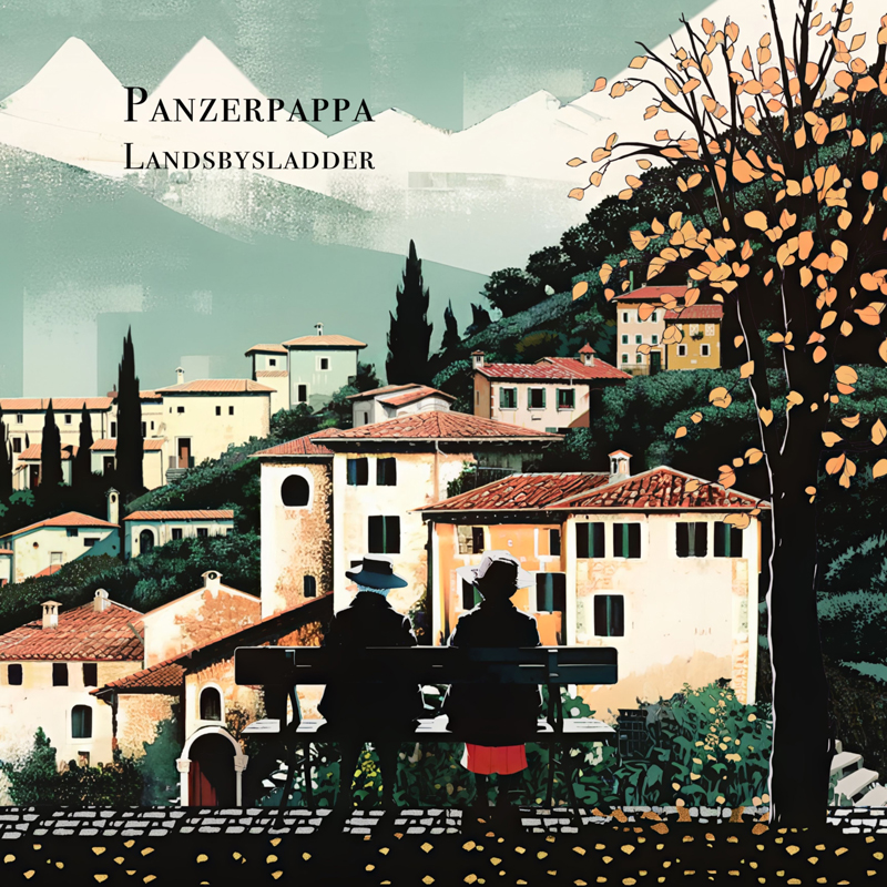 The Landsbysladder album cover features an illustrated hillside village with terracotta rooftops, cypress trees, and distant snow-capped mountains. In the foreground, two figures sit on a bench under a tree with falling autumn leaves.
