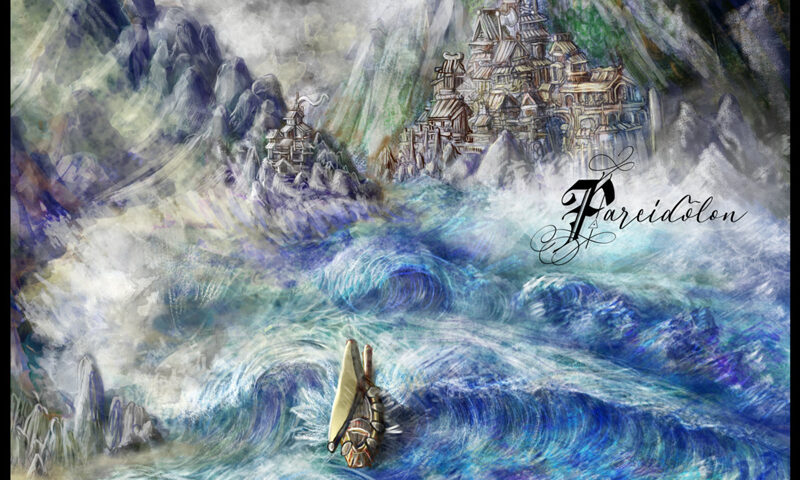 The album cover for Pareidolon – The Unattainable Shore depicts a small boat struggling against massive, swirling blue waves under stormy skies. In the background, a castle-like city clings to steep, mist-covered mountains.