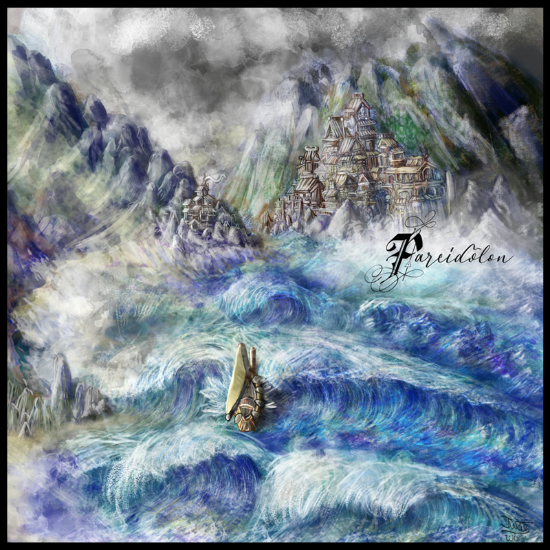 The album cover for Pareidolon – The Unattainable Shore depicts a small boat struggling against massive, swirling blue waves under stormy skies. In the background, a castle-like city clings to steep, mist-covered mountains.