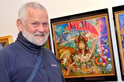 Patrick Woodroffe presenting his artwork at Flight of Fantasy Exhibition in 2012 at the Royal Cornwall Museum in Truro - Photo by Bernie Pettersen 