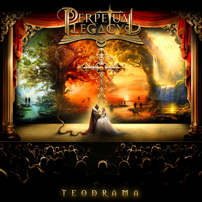 Perpetual Legacy - "Teodrama" cover artwork. An illustration of a theater play with a man dressed as a king nd a woman in a wedding dress. Behind them there is a large metal cross.