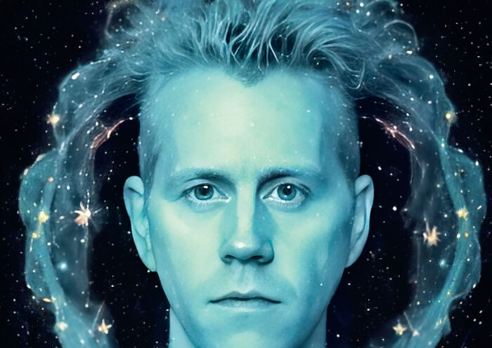 Phideaux Xavier – AutoMoto Animus cover artwork. A white and blue photo of Phideaux Xavier