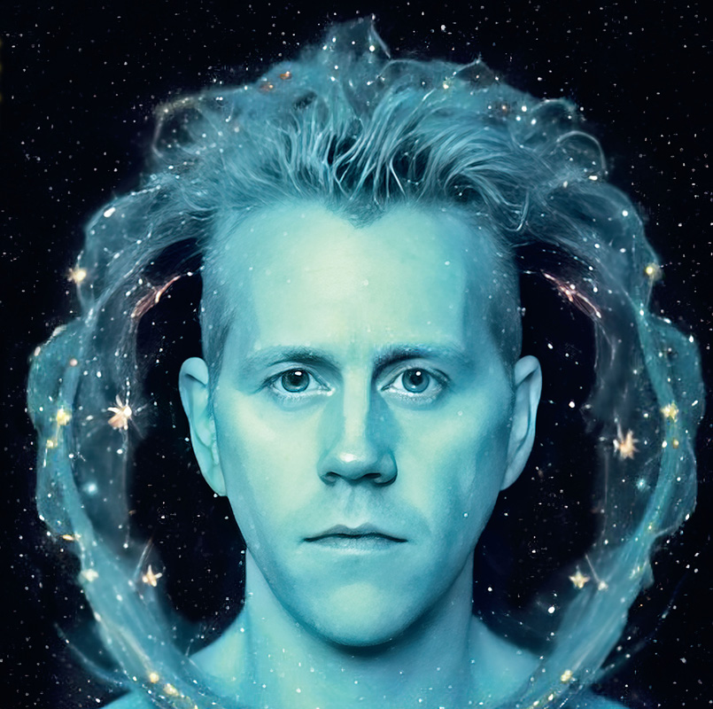 Phideaux Xavier – AutoMoto Animus cover artwork. A white and blue photo of Phideaux Xavier