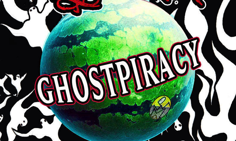 The Ghostpiracy album cover by Psychowatermelon features a glowing green watermelon floating like a planet against a swirling black-and-white background filled with playful ghost silhouettes. The band’s name appears in psychedelic red script at the top, while the album title GHOSTPIRACY is stamped diagonally across the watermelon in large, retro-styled block letters outlined in red.