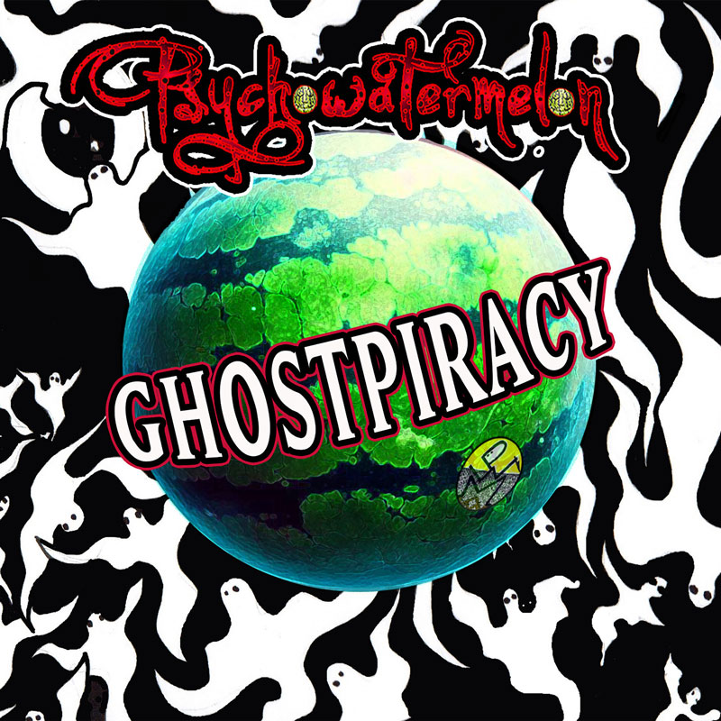 The Ghostpiracy album cover by Psychowatermelon features a glowing green watermelon floating like a planet against a swirling black-and-white background filled with playful ghost silhouettes. The band’s name appears in psychedelic red script at the top, while the album title GHOSTPIRACY is stamped diagonally across the watermelon in large, retro-styled block letters outlined in red.