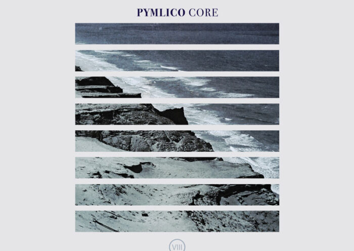 The album cover for Core by Pymlico features a grayscale coastal landscape sliced into horizontal strips, creating a fragmented, layered visual effect. At the top, the band's name and album title appear in clean serif typeface, while a small Roman numeral “VIII” is centered at the bottom.