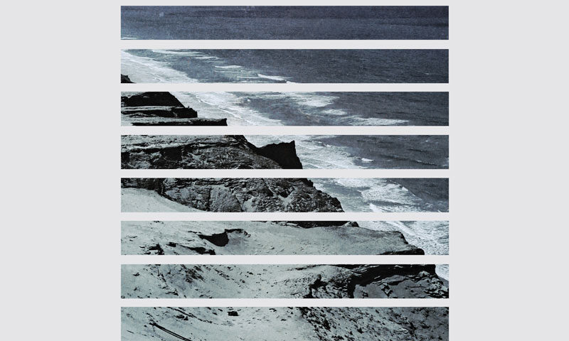 The album cover for Core by Pymlico features a grayscale coastal landscape sliced into horizontal strips, creating a fragmented, layered visual effect. At the top, the band's name and album title appear in clean serif typeface, while a small Roman numeral “VIII” is centered at the bottom.