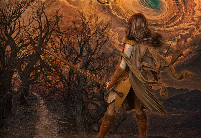 The album cover for Pythia – V Pt. 1: Unhallowed features a fantasy warrior figure, cloaked and armed with a sword, standing at the edge of a barren, twisted forest. She gazes toward a swirling, fiery vortex in the sky. The palette is dominated by earth tones and fiery oranges