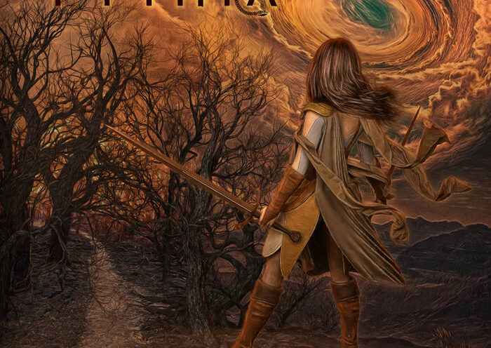 The album cover for Pythia – V Pt. 1: Unhallowed features a fantasy warrior figure, cloaked and armed with a sword, standing at the edge of a barren, twisted forest. She gazes toward a swirling, fiery vortex in the sky. The palette is dominated by earth tones and fiery oranges