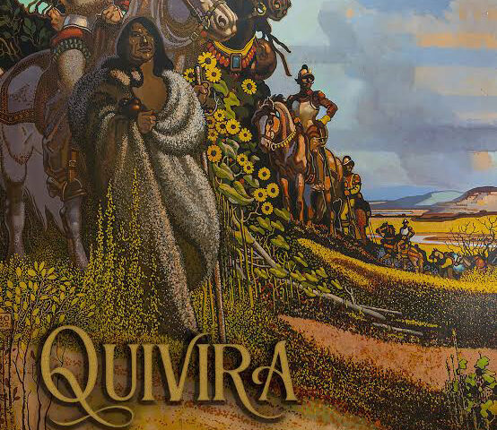 Quivira cover artwork. A fantasy style design with a Native American on foot leading Spanish explorers on horseback.