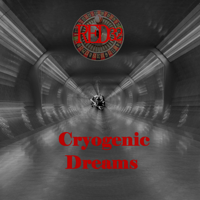 A monochrome, tunnel-like corridor stretches into deep perspective, its metallic curves blurred. At the center, two small human figures sit closely together, one holding a guitar. Above them, a roulette wheel while red lettering spells Cryogenic Dreams.