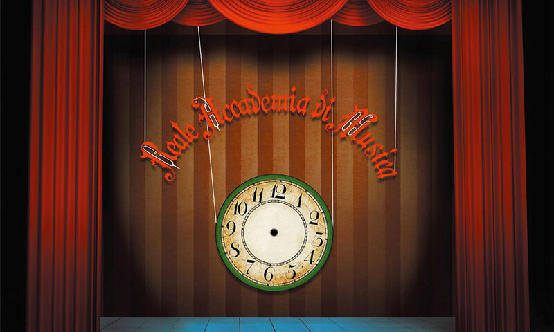 Reale Accademia Di Musica - Da Che Tempo È Tempo cover artwork. A stage with curtains closed and a clock in the middle.
