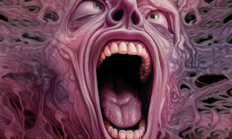 Reimagining the Court of the Crimson King cover artwork. an illustration of a nightmarish screaming human head.