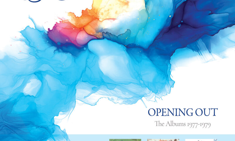 The album cover for Renaissance – Opening Out: The Albums 1977–1979 features a flowing, watercolor-like abstract design in shades of blue, accented with warm tones of orange, red, and yellow near the center. The band's cursive logo appears at the top left, while the title is placed in a clean serif font on the bottom right. Along the bottom edge, miniature images of the three included albums, Novella, A Song for All Seasons, and Azure d’Or, are displayed against a pale blue background.