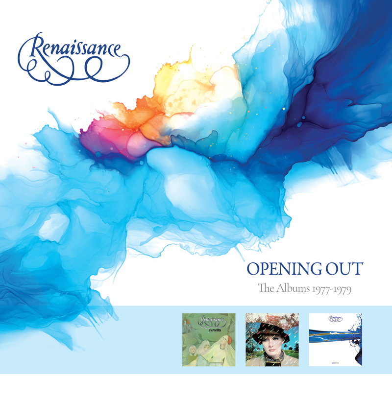 The album cover for Renaissance – Opening Out: The Albums 1977–1979 features a flowing, watercolor-like abstract design in shades of blue, accented with warm tones of orange, red, and yellow near the center. The band's cursive logo appears at the top left, while the title is placed in a clean serif font on the bottom right. Along the bottom edge, miniature images of the three included albums, Novella, A Song for All Seasons, and Azure d’Or, are displayed against a pale blue background.