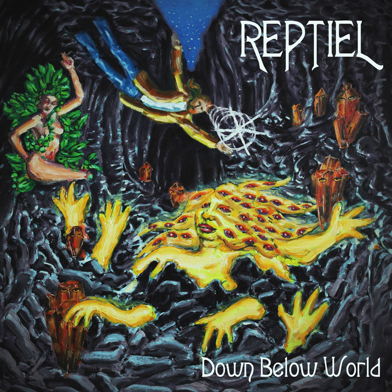 Reptiel - Down Below World cover artwork. A psychedelic illustration with an amoba-like yellow blob with a woman's face, many eyes and hands,a man flying and various other details.