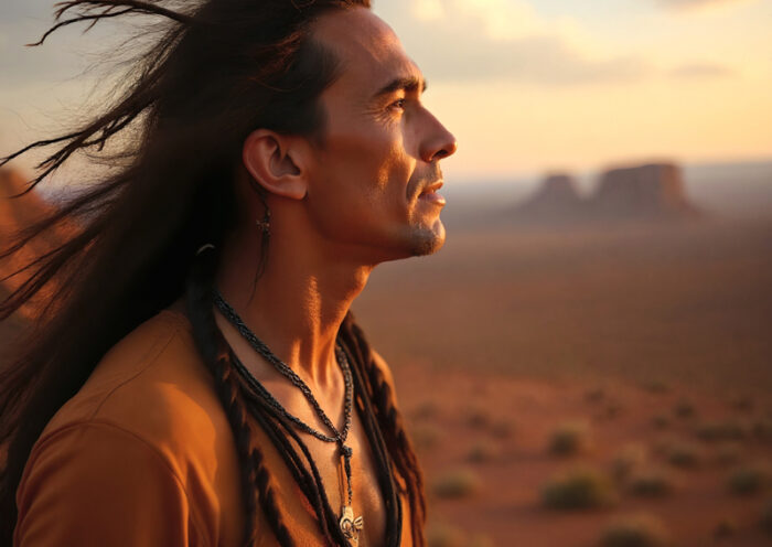 Cover Description: Rettward von Doernberg – The Wind in My Hair. A man stands in profile against a vast desert landscape at golden hour, wind sweeping through long hair and layered necklaces.